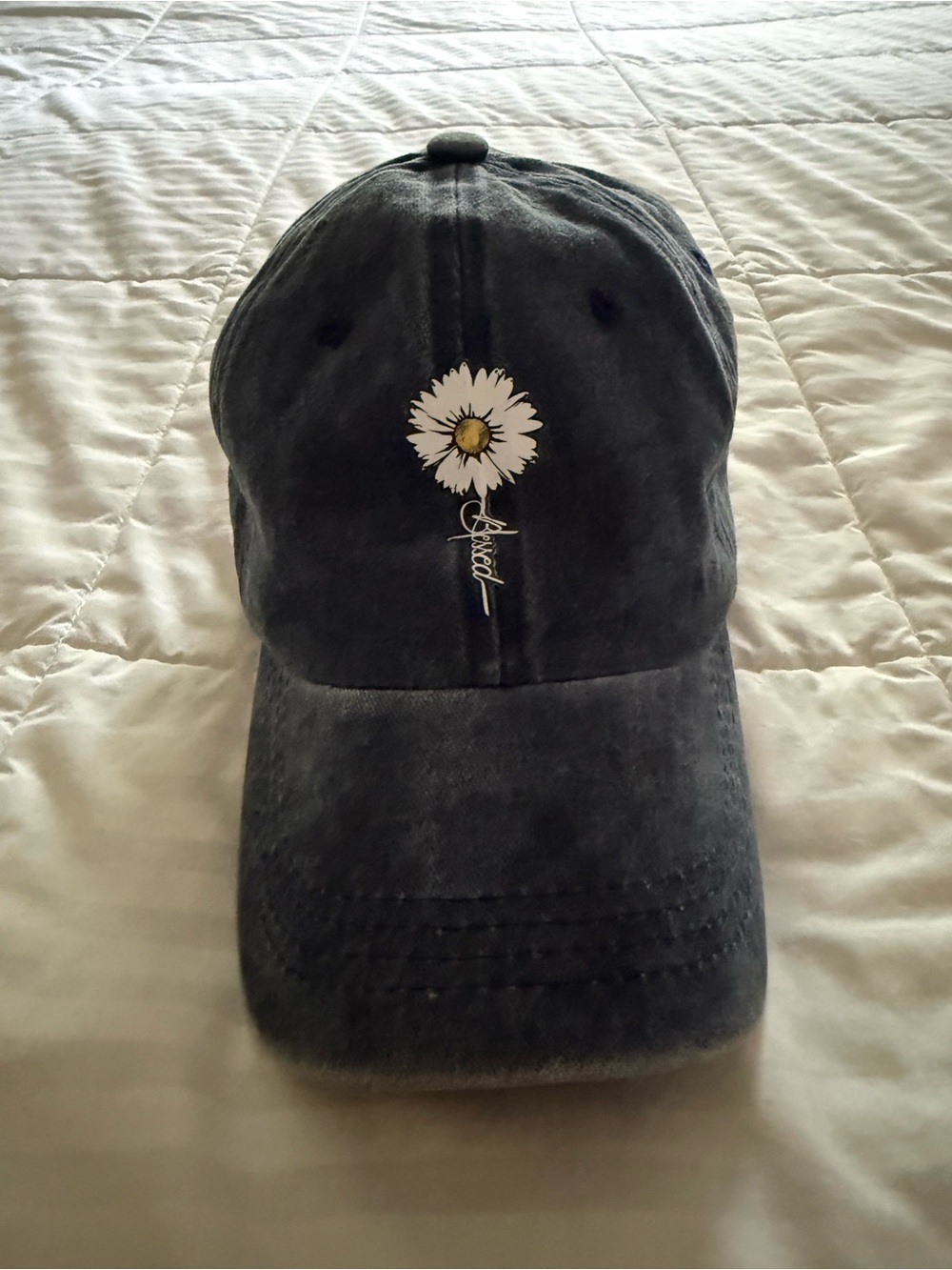 Baseball Cap Faded Denim “Blessed” Daisy Embroidered Cap